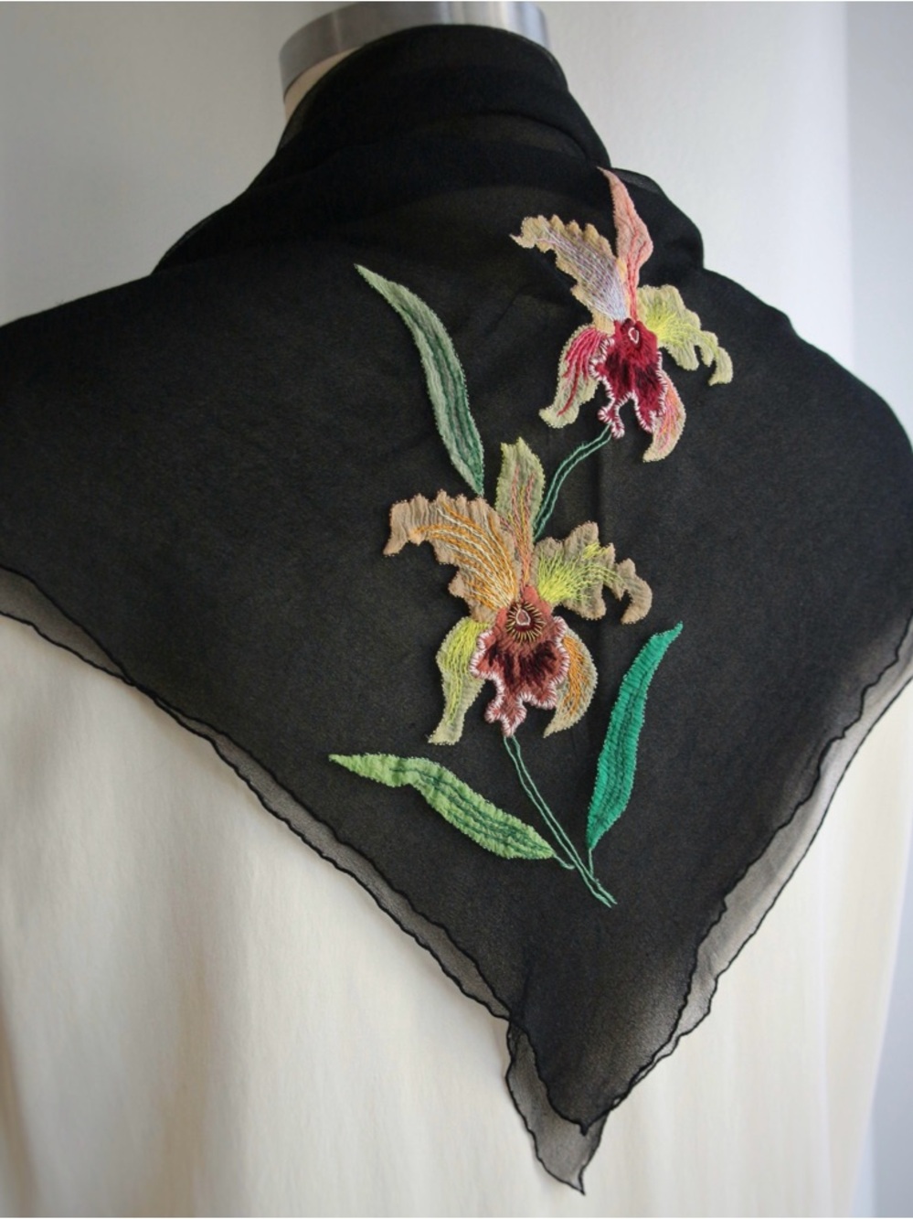 [Sold] Vintage Silk Crepe Embroidered Orchid Scarf